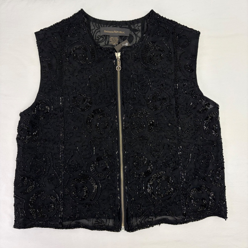 Banana Republic Beaded Silk Vest Women Small Black Mesh Whimsigoth Dark Romantic